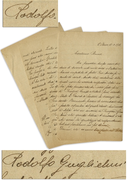 Rudolph Valentino Autograph Letter Twice-Signed From Agricultural School, Including With His Surname Rodolfo Guglielmi -- ...how much considerable satisfaction...floriculture, gives...
